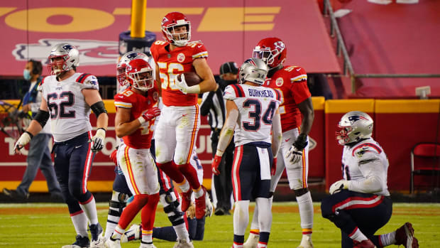 Oct 5, 2020; Kansas City, Missouri, USA; Kansas City Chiefs linebacker Ben Niemann (56) recovers a fumble against the New England Patriots during the third quarter of a NFL game at Arrowhead Stadium. Mandatory Credit: Jay Biggerstaff-USA TODAY Sports